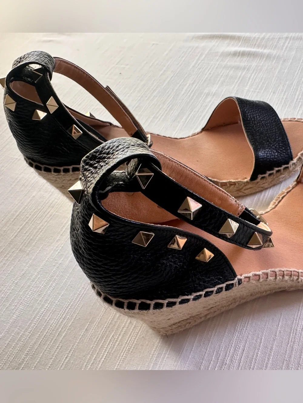 Maypol Black Pebbled Leather Studded Espadrille Wedge Sandals NWOB 42